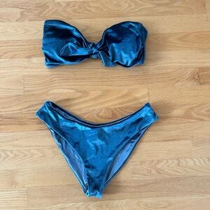 Strapless blue velvet swimsuit